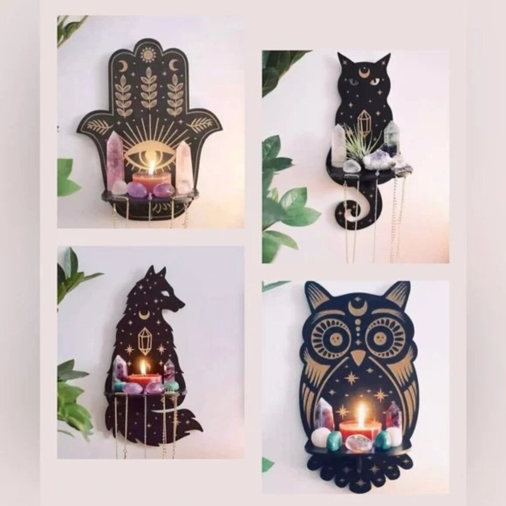 Wall Shelf Crystal Display Wood Cat Owl Hamsa Palm Boho Sun Moon Candle Hippie